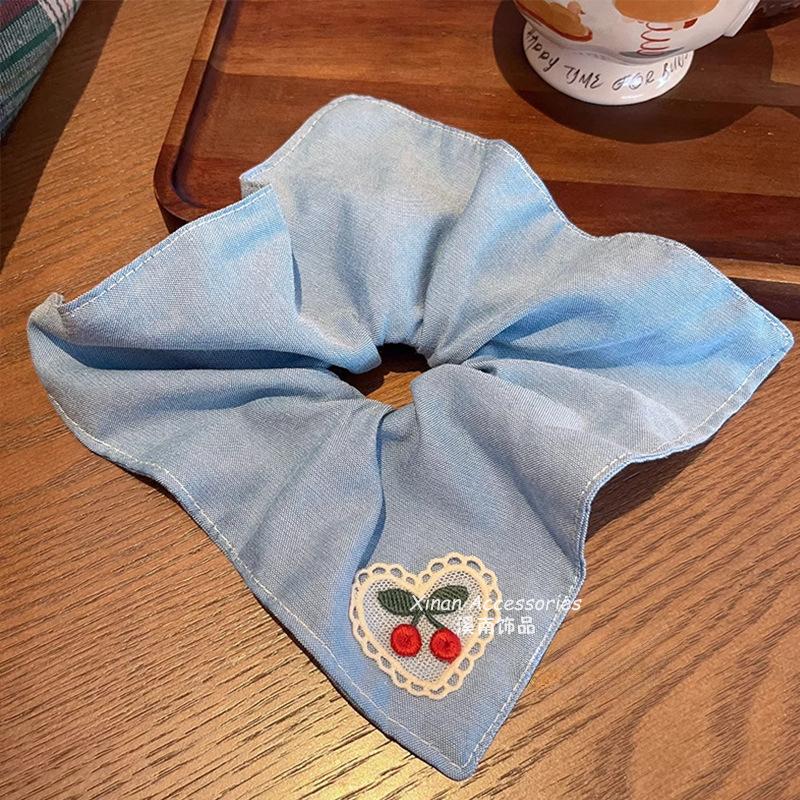 Children's Embroidered Square Scarf Large Intestine Hair Ring Girl's Hair Tie Low Ponytail Hair Rope Little Girl's Western Style Hair Accessories
