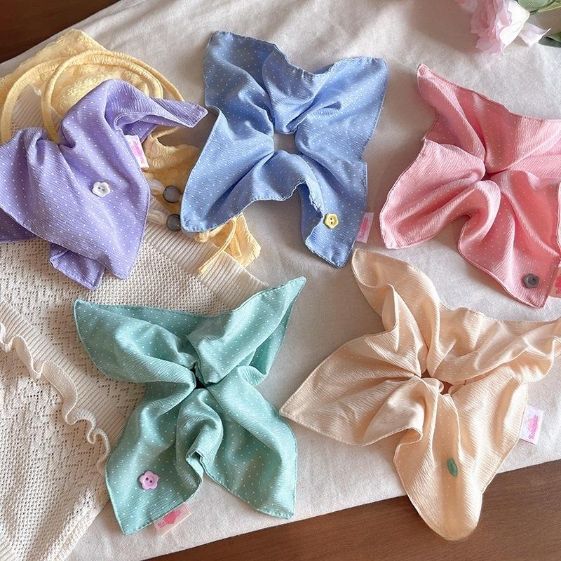 Candy Color Polka Dot Flower Button Square Scarf Large Intestine Hair Band Female Tie Hair Rope Ponytail Hair Band Atmosphere Sense Headdress Summer