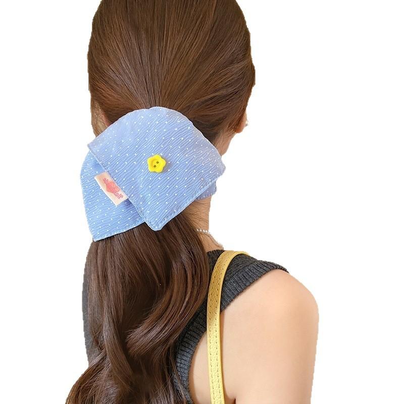 Candy Color Polka Dot Flower Button Square Scarf Large Intestine Hair Band Female Tie Hair Rope Ponytail Hair Band Atmosphere Sense Headdress Summer