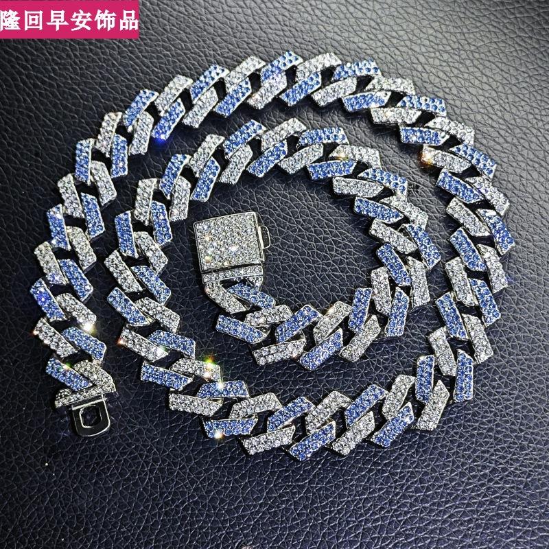 European and American Hip Hop Cuban Chain 15mm Diamond Flip Full Diamond Two-Color Interval Diamond Necklace