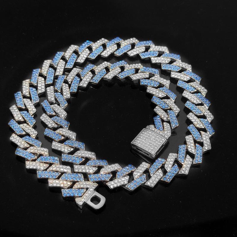 European and American Hip Hop Cuban Chain 15mm Diamond Flip Full Diamond Two-Color Interval Diamond Necklace