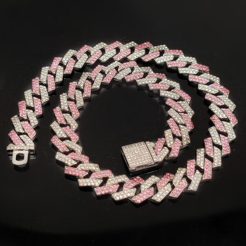 European and American Hip Hop Cuban Chain 15mm Diamond Flip Full Diamond Two-Color Interval Diamond Necklace