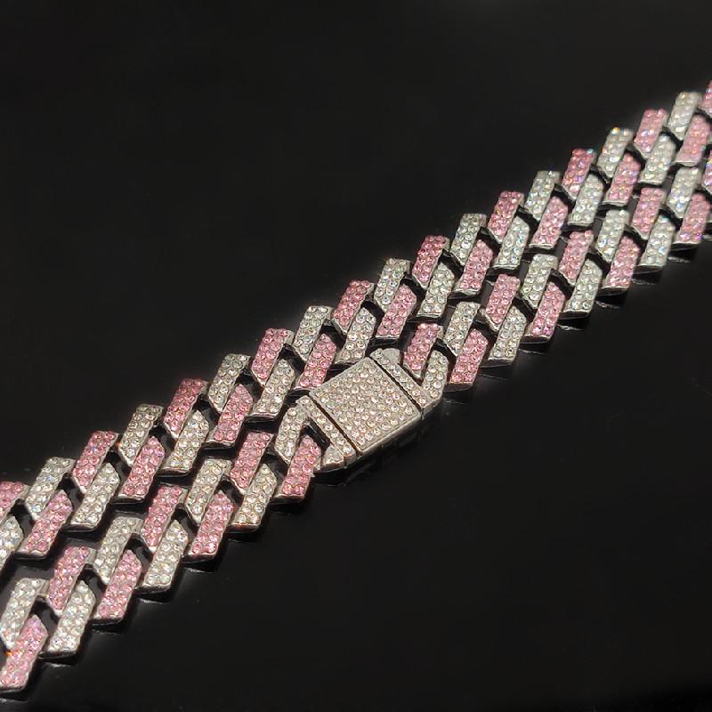 European and American Hip Hop Cuban Chain 15mm Diamond Flip Full Diamond Two-Color Interval Diamond Necklace