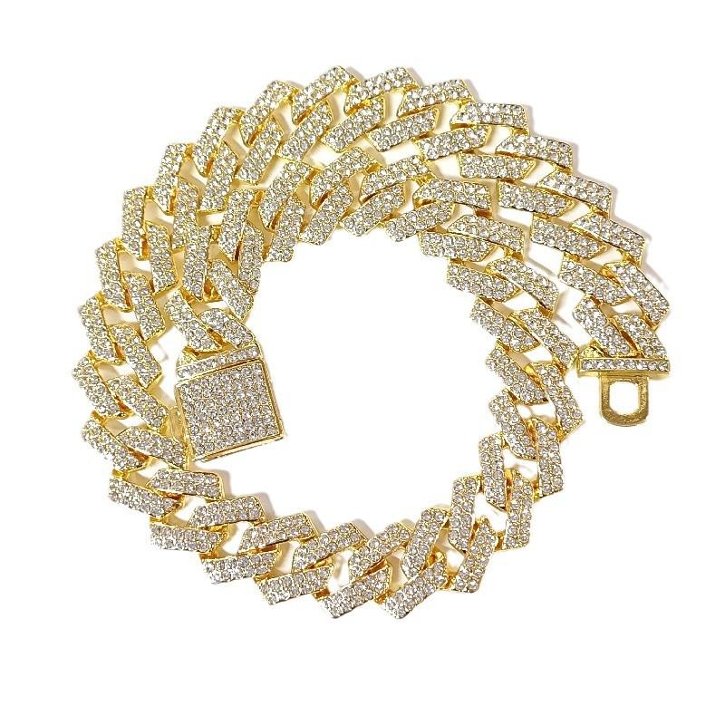 European and American Hip Hop Cuban Chain 15mm Diamond Flip Full Diamond Two-Color Interval Diamond Necklace