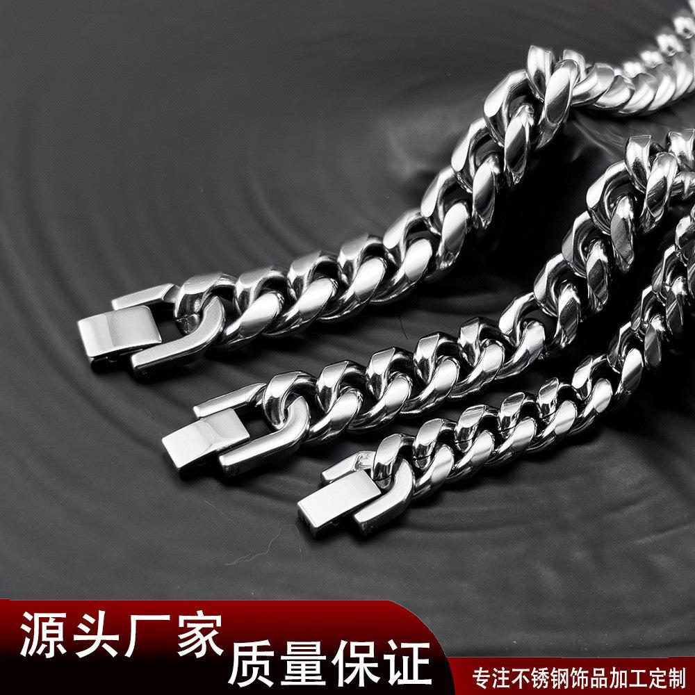 Trendy Coolan Titanium Steel Cuban Chain Necklace Stainless Steel Jewelry Buckle round Grinding Chain Men's Thick Domineering Clothing Accessories