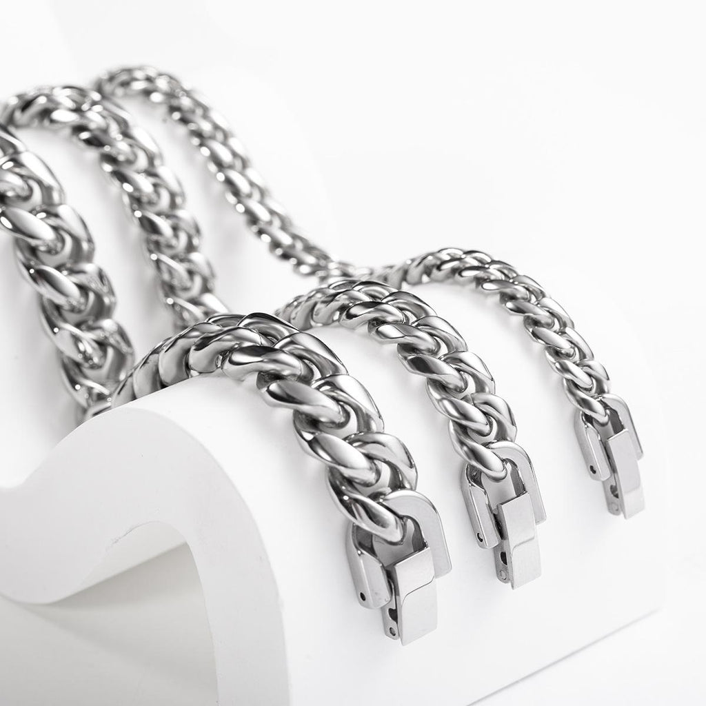 Trendy Coolan Titanium Steel Cuban Chain Necklace Stainless Steel Jewelry Buckle round Grinding Chain Men's Thick Domineering Clothing Accessories