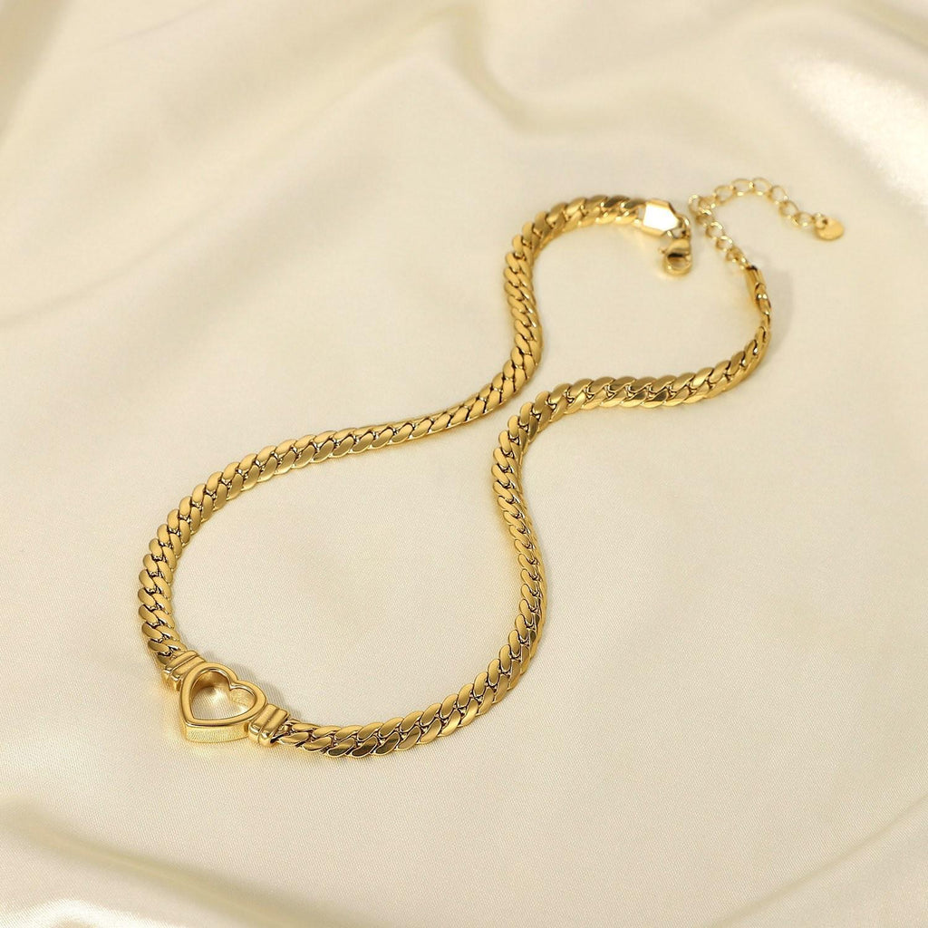 New Trend Titanium Steel Cuban Chain Heart Necklace 18K Gold Plated Hollow Flat Snake Chain Love Pendant Necklace for Women