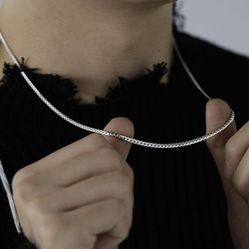 925 Silver-Plated Fine Cuban Chain Men's Trendy High-Grade Necklace Versatile Simple Plain Chain Clavicle Chain Men's