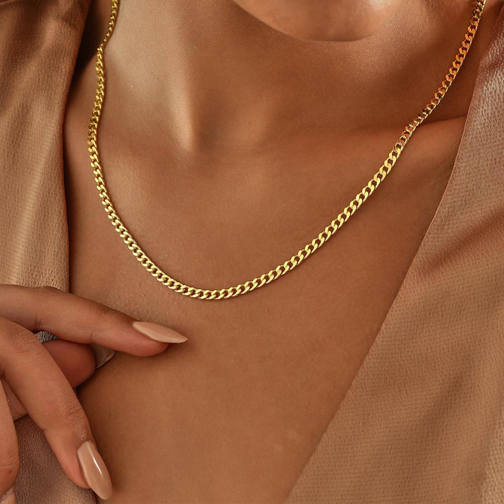 Cross-Border Jewelry Stainless Steel Cuban Chain Men and Women Classic Versatile 14K Gold Plated Necklace Wholesale