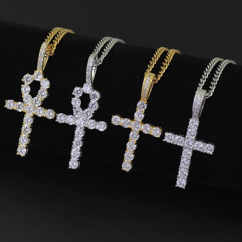 4mm Zircon Cuban Chain European and American Hip Hop Micro Inlaid Zircon Egyptian Anka Cross Pendant Men's Necklace