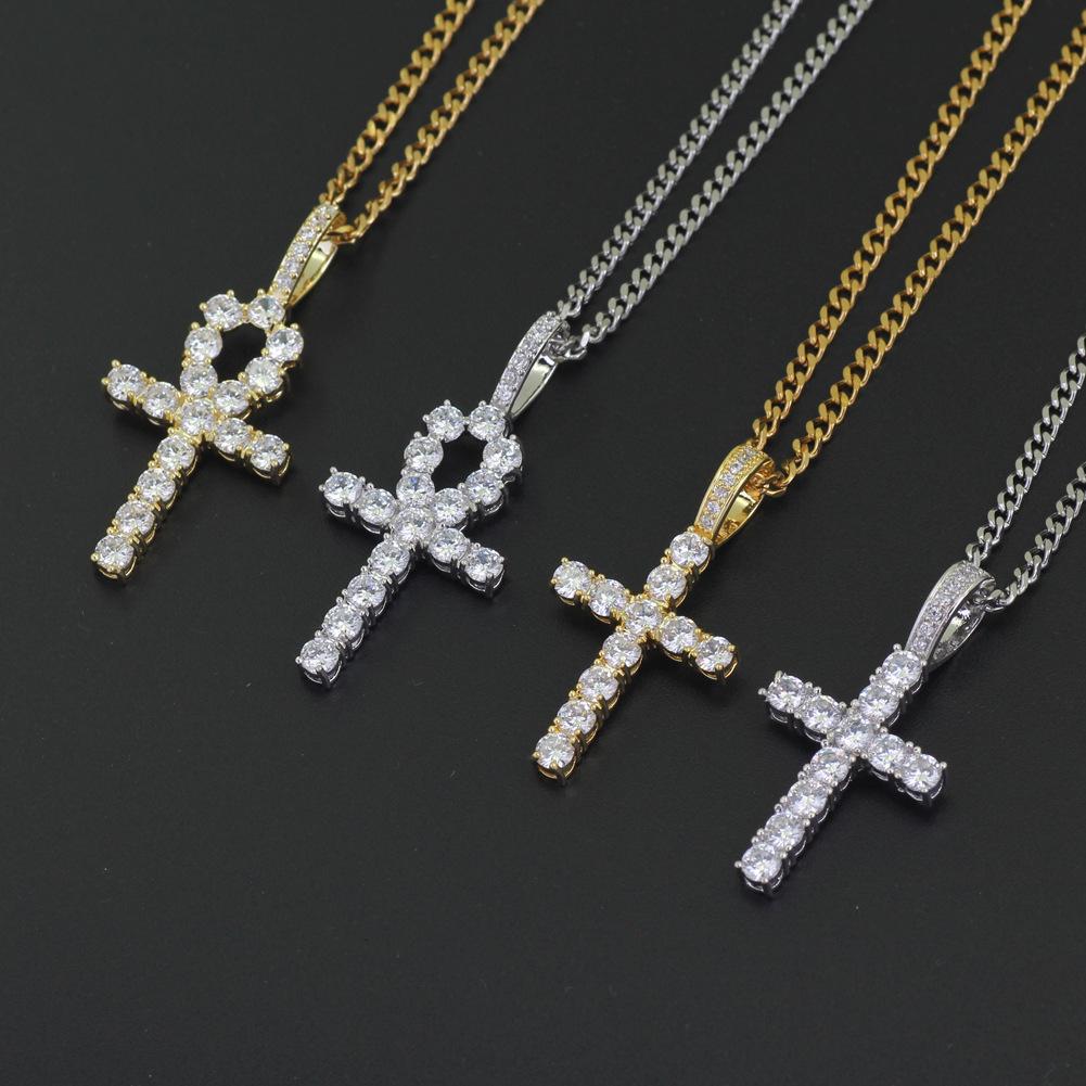 4mm Zircon Cuban Chain European and American Hip Hop Micro Inlaid Zircon Egyptian Anka Cross Pendant Men's Necklace