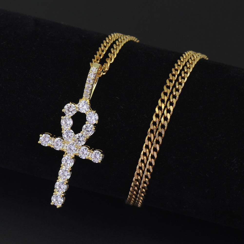4mm Zircon Cuban Chain European and American Hip Hop Micro Inlaid Zircon Egyptian Anka Cross Pendant Men's Necklace