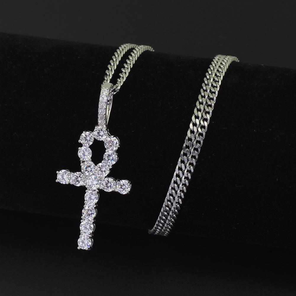 4mm Zircon Cuban Chain European and American Hip Hop Micro Inlaid Zircon Egyptian Anka Cross Pendant Men's Necklace