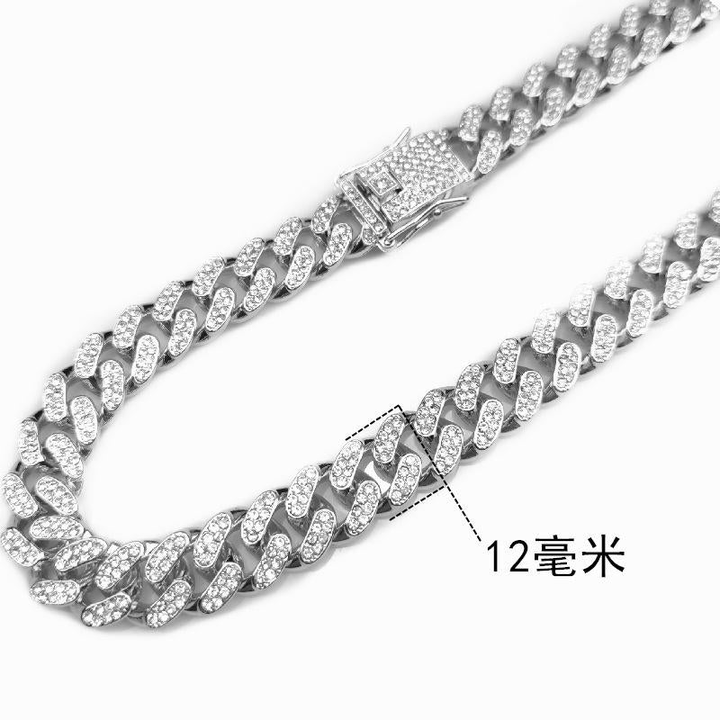 European and American Alloy Line Cuban Chain Diamond Bracelet 13mm Full Diamond Old Men and Women Hip Hop Style Gold-Plated Necklace