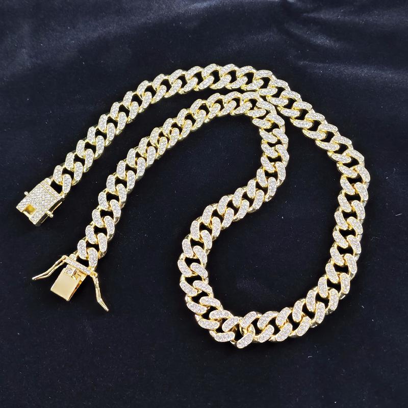 European and American Alloy Line Cuban Chain Diamond Bracelet 13mm Full Diamond Old Men and Women Hip Hop Style Gold-Plated Necklace