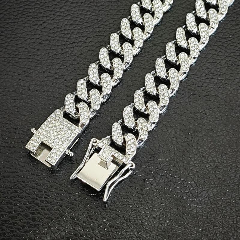 European and American Alloy Line Cuban Chain Diamond Bracelet 13mm Full Diamond Old Men and Women Hip Hop Style Gold-Plated Necklace