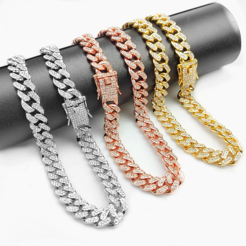 European and American Alloy Line Cuban Chain Diamond Bracelet 13mm Full Diamond Old Men and Women Hip Hop Style Gold-Plated Necklace