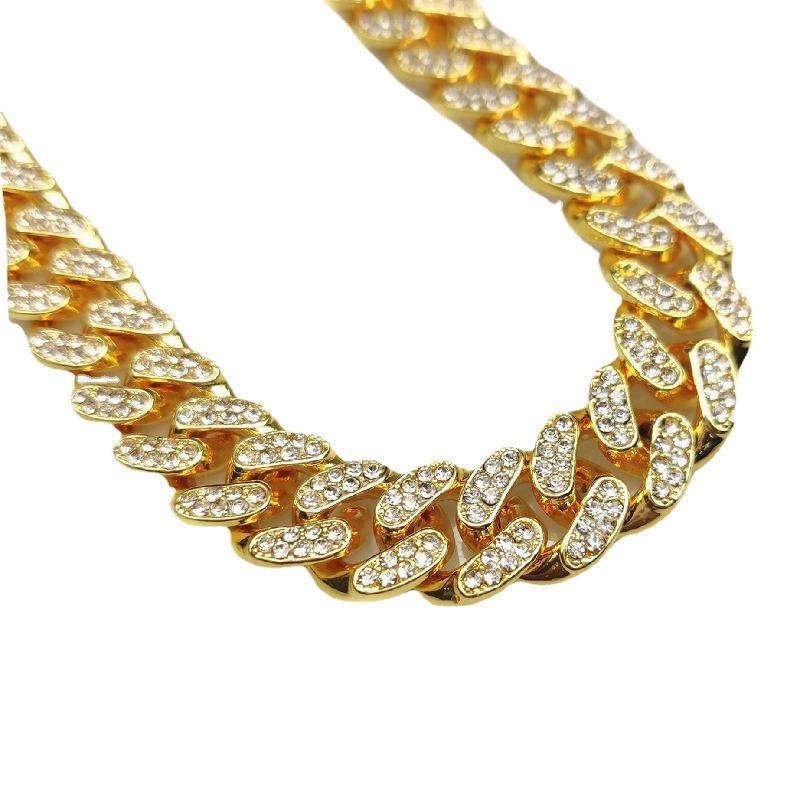 European and American Alloy Line Cuban Chain Diamond Bracelet 13mm Full Diamond Old Men and Women Hip Hop Style Gold-Plated Necklace
