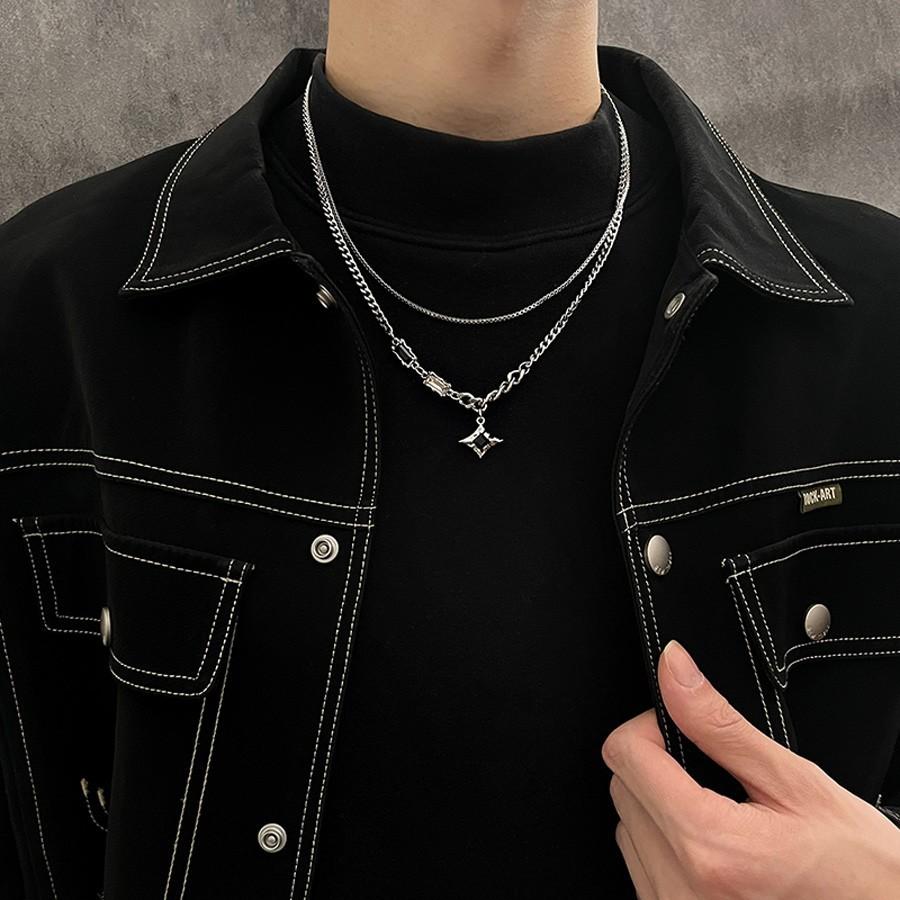 Titanium Steel Necklace Awn Star Double-Layer Necklace Men's Light Luxury Niche Design Sense Hip Hop Style Couple Boys Female Clavicle Chain