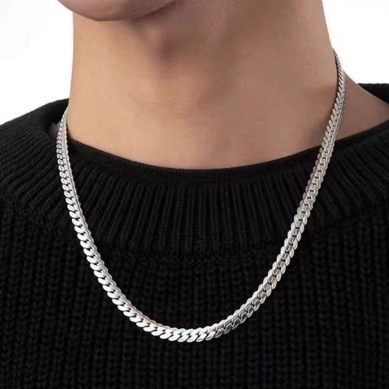 Titanium Steel Non-Fading Embossed Cuban Chain Necklace Men's All-Match Light Luxury Niche Hip Hop Flat Snake Bone Chain Sweater Chain