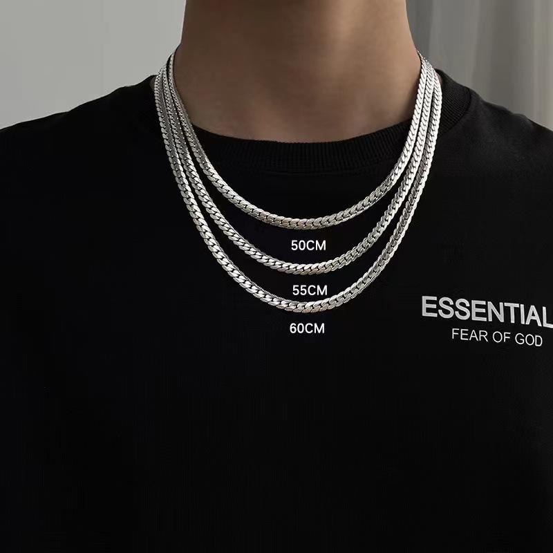 Titanium Steel Non-Fading Embossed Cuban Chain Necklace Men's All-Match Light Luxury Niche Hip Hop Flat Snake Bone Chain Sweater Chain