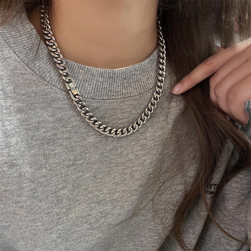 Men's Trendy Hip Hop Cuban Chain Non-Fading Titanium Steel Necklace Men's and Girls' Thick Clavicle Chain Couple's All-Match Thick Chain Accessories