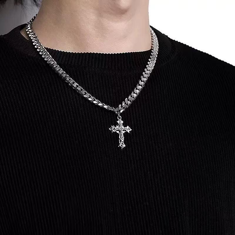 European and American Cuban Chain Cross Pendant Necklace Men's Fashion Ins Hip Hop Titanium Steel Non-Fading High Street Thick All-Matching Accessories