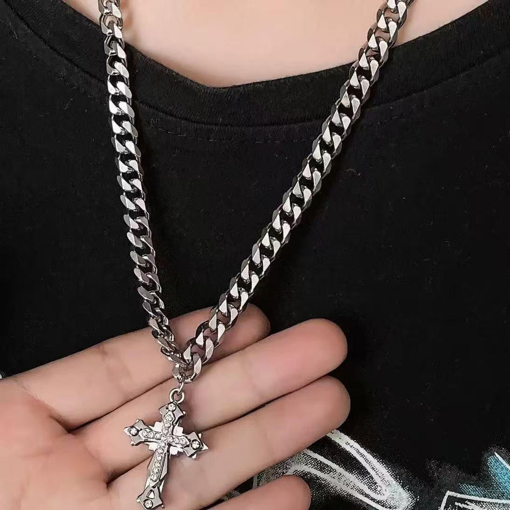 European and American Cuban Chain Cross Pendant Necklace Men's Fashion Ins Hip Hop Titanium Steel Non-Fading High Street Thick All-Matching Accessories