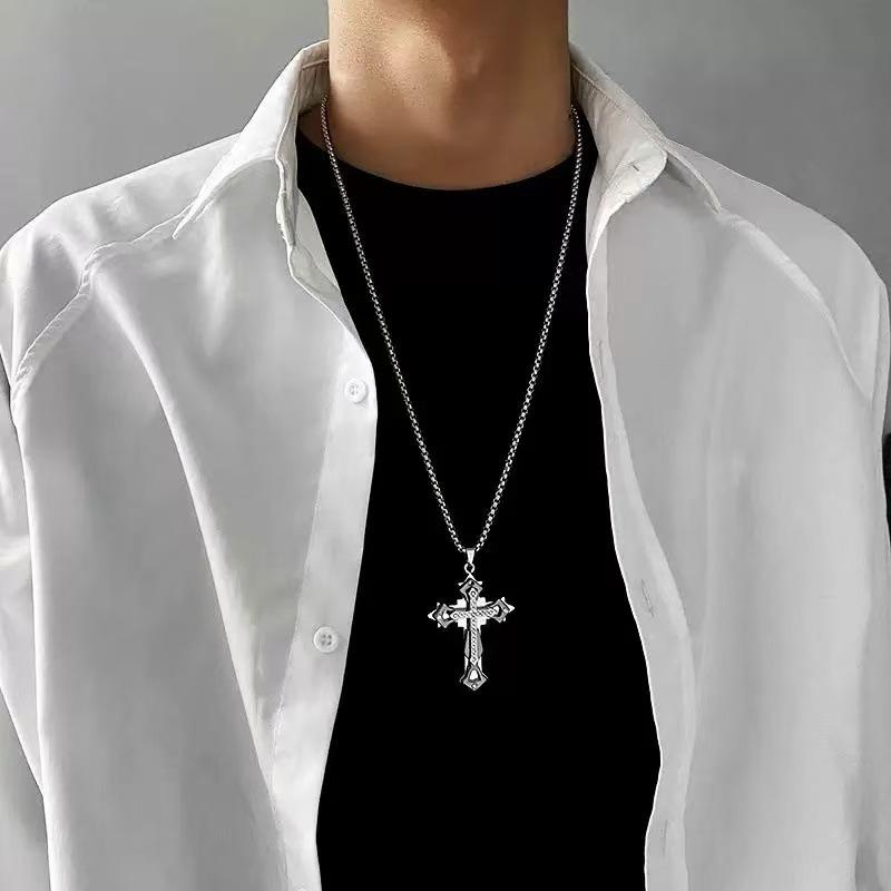 European and American Cuban Chain Cross Pendant Necklace Men's Fashion Ins Hip Hop Titanium Steel Non-Fading High Street Thick All-Matching Accessories