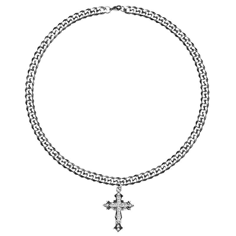 European and American Cuban Chain Cross Pendant Necklace Men's Fashion Ins Hip Hop Titanium Steel Non-Fading High Street Thick All-Matching Accessories