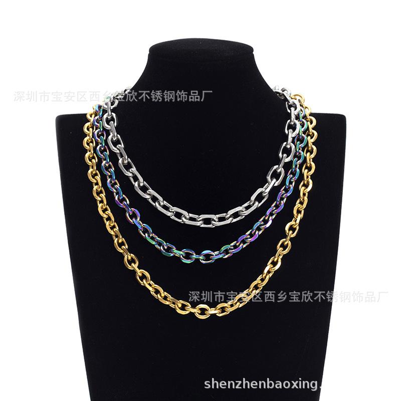 Cuban Chain Men's Bevel Necklace Thick Tide Short Clavicle Chain Women's Necklace Plain Chain Titanium Steel Jewelry Wholesale Light Luxury High Sense