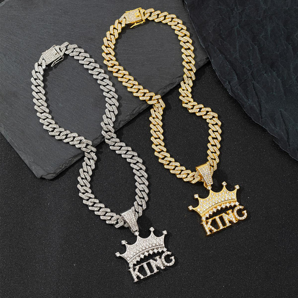 European and American Cross-Border Alloy Diamond Cuban Chain Crown Letter King Pendant Pendant Hip Hop Twist Necklace Jewelry