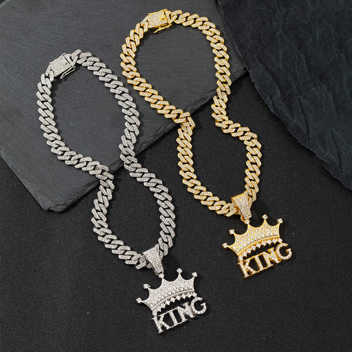 European and American Cross-Border Alloy Diamond Cuban Chain Crown Letter King Pendant Pendant Hip Hop Twist Necklace Jewelry