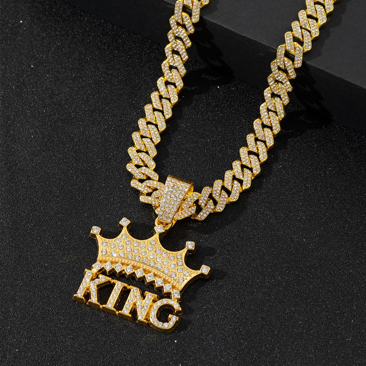 European and American Cross-Border Alloy Diamond Cuban Chain Crown Letter King Pendant Pendant Hip Hop Twist Necklace Jewelry
