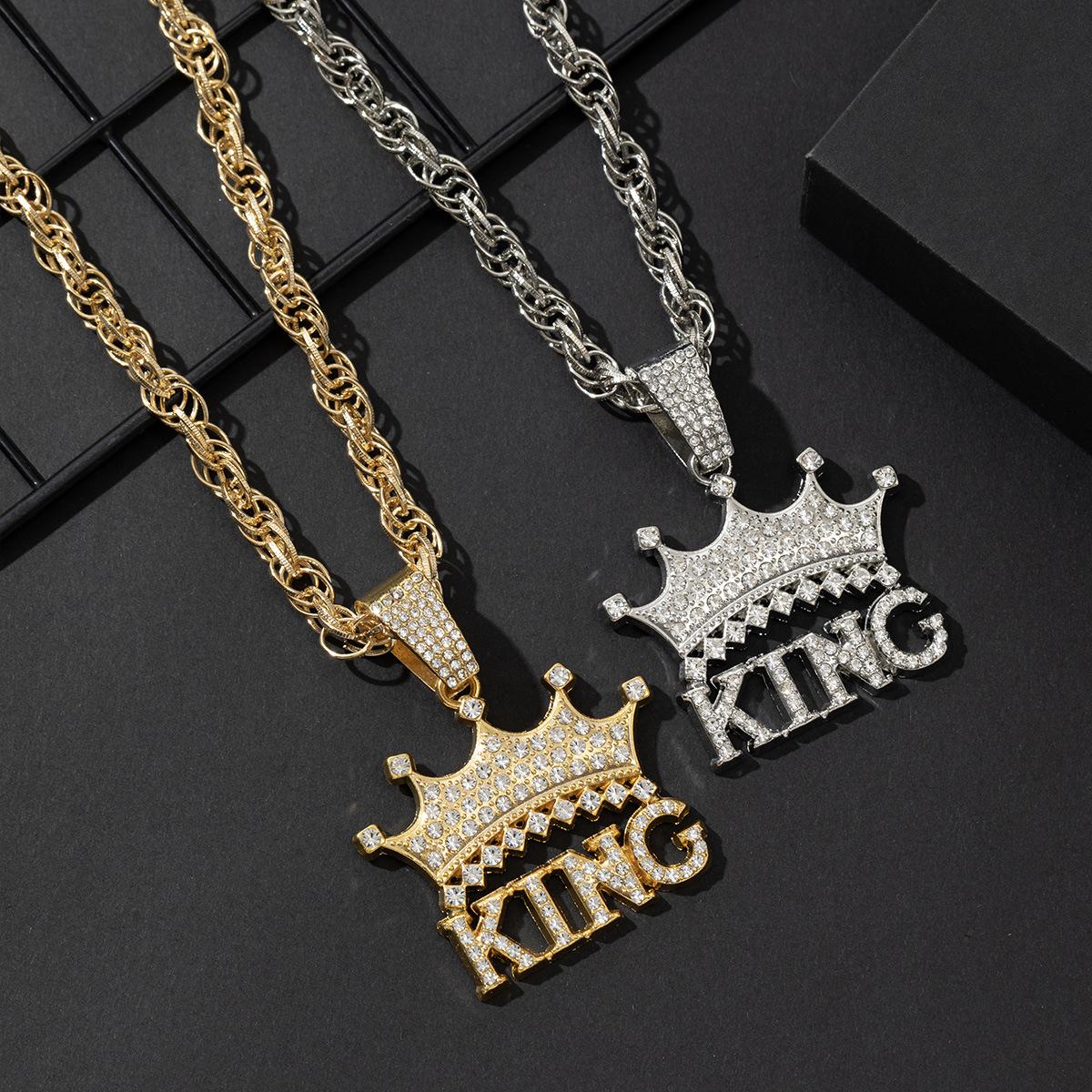 European and American Cross-Border Alloy Diamond Cuban Chain Crown Letter King Pendant Pendant Hip Hop Twist Necklace Jewelry