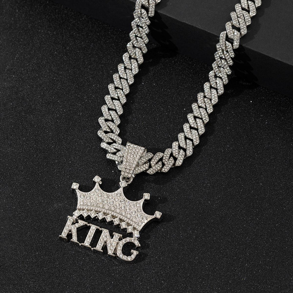 European and American Cross-Border Alloy Diamond Cuban Chain Crown Letter King Pendant Pendant Hip Hop Twist Necklace Jewelry