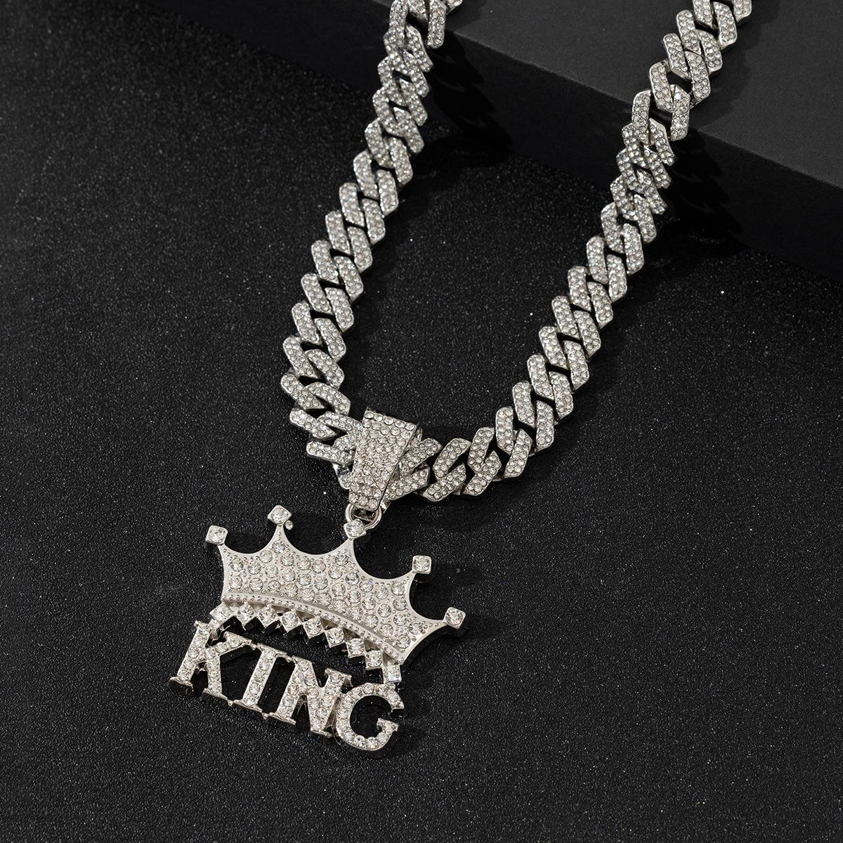 European and American Cross-Border Alloy Diamond Cuban Chain Crown Letter King Pendant Pendant Hip Hop Twist Necklace Jewelry