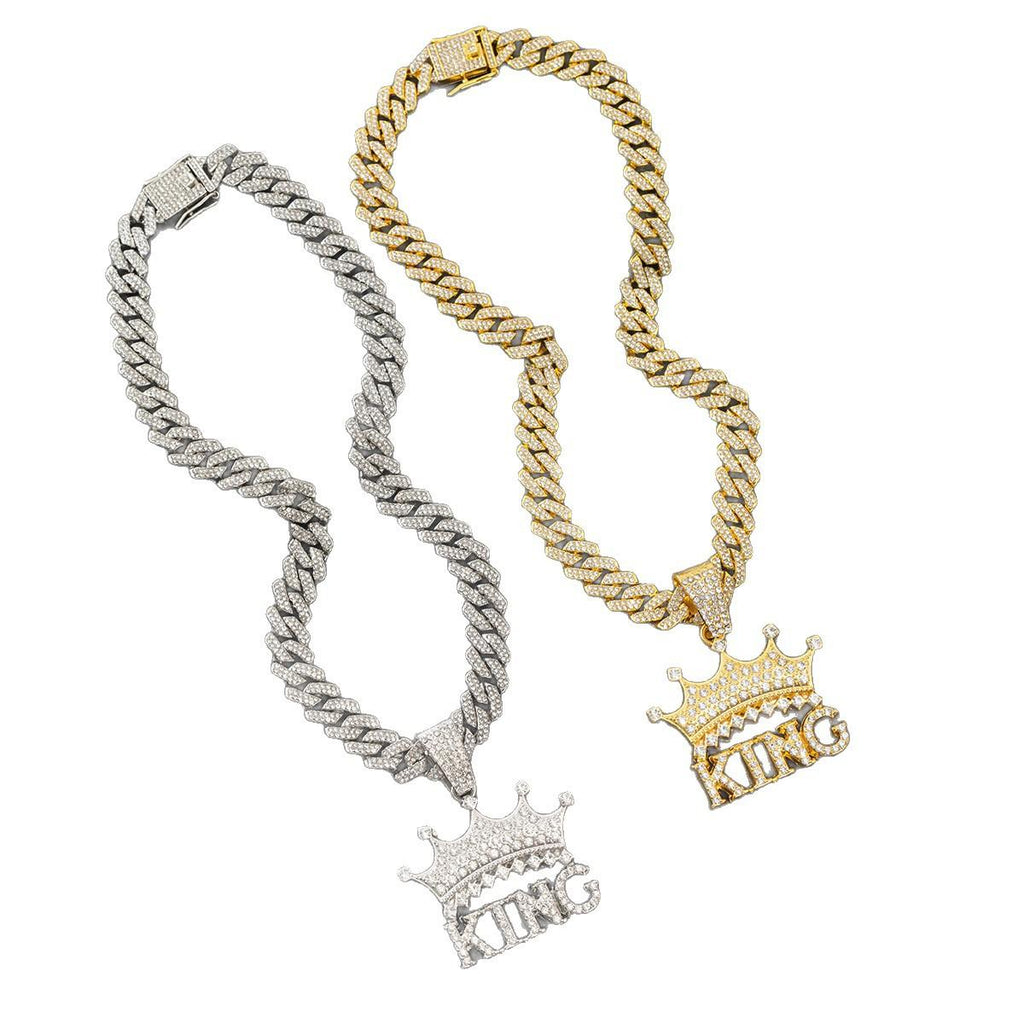 European and American Cross-Border Alloy Diamond Cuban Chain Crown Letter King Pendant Pendant Hip Hop Twist Necklace Jewelry