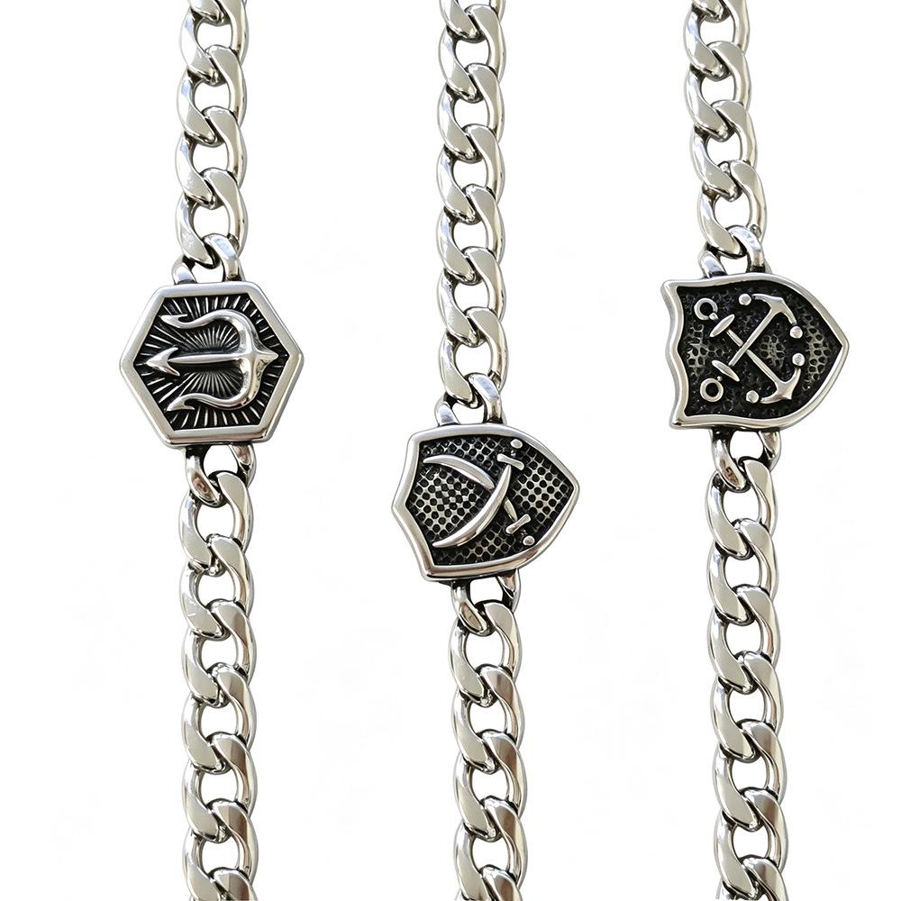 European and American Simple Personalized Anchor Knife and Fork Shield Bracelet Stainless Steel Men's All-Match Dark Style Distressed Cuban Chain