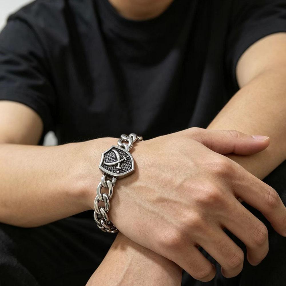 European and American Simple Personalized Anchor Knife and Fork Shield Bracelet Stainless Steel Men's All-Match Dark Style Distressed Cuban Chain