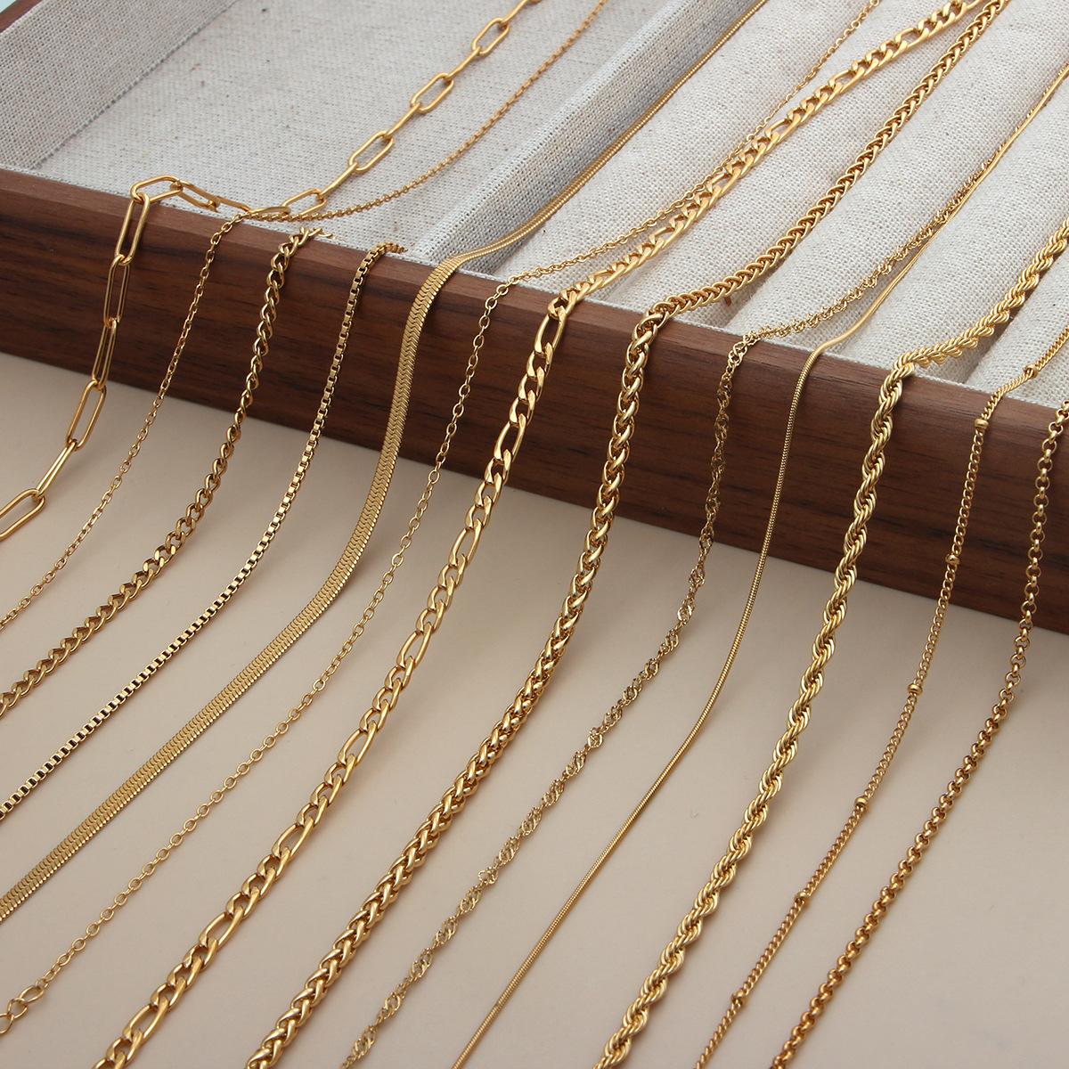 European and American 18K Gold Plated Non-Fading Ins Style Fashion Women's Necklace Clavicle Chain Plain Chain Stainless Steel Blade Chain DIY