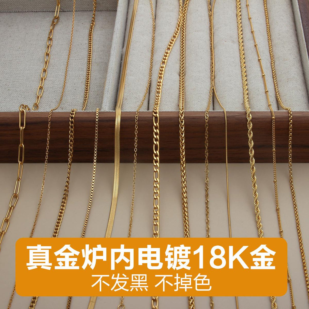 European and American 18K Gold Plated Non-Fading Ins Style Fashion Women's Necklace Clavicle Chain Plain Chain Stainless Steel Blade Chain DIY