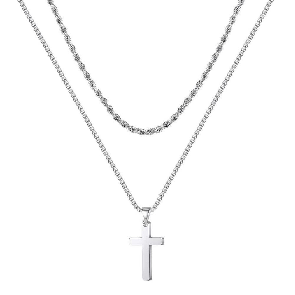 Cross-Border Hot Stainless Steel Twist Chain Snake Bone Chain Cuban Chain Double Cross Pendant Jewelry Titanium Steel Necklace for Men