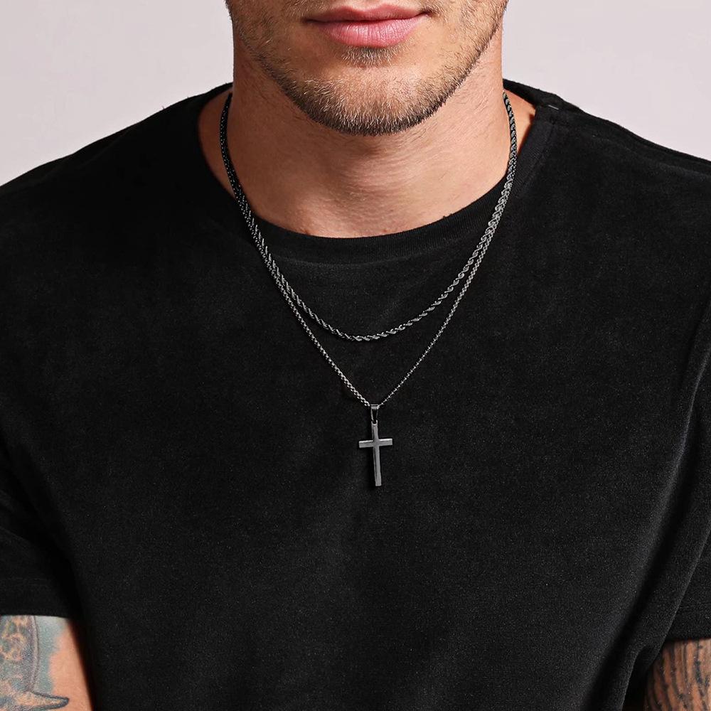 Cross-Border Hot Stainless Steel Twist Chain Snake Bone Chain Cuban Chain Double Cross Pendant Jewelry Titanium Steel Necklace for Men