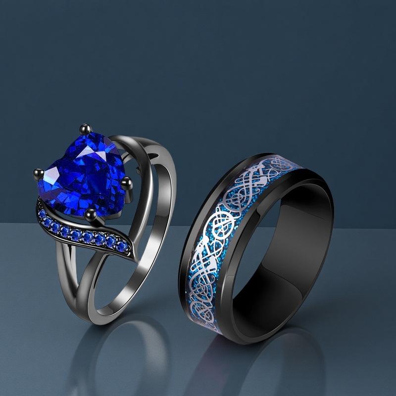 Cross-Border Supply Hot Sale Red Blue Gem Fashion Women's Ring European and American Stainless Steel Dragon Pattern Men's Couple Ring