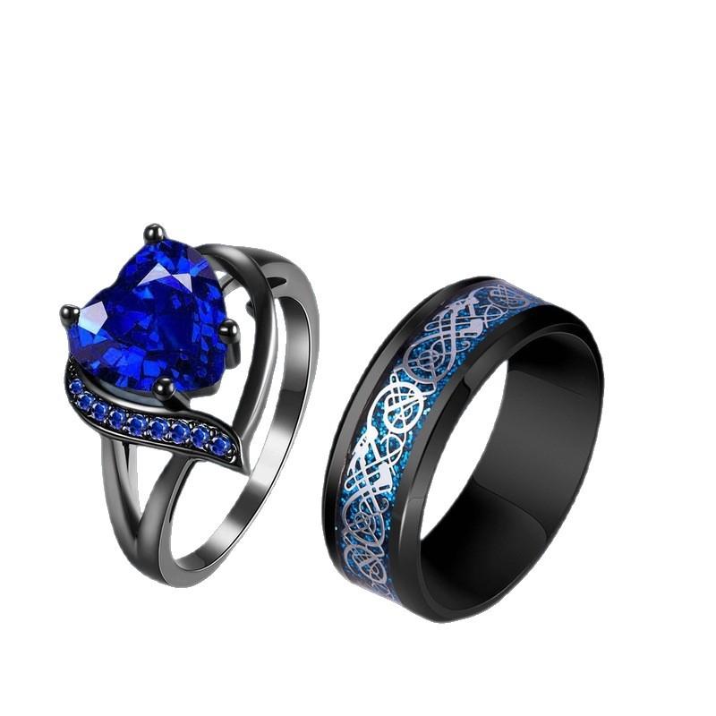Cross-Border Supply Hot Sale Red Blue Gem Fashion Women's Ring European and American Stainless Steel Dragon Pattern Men's Couple Ring