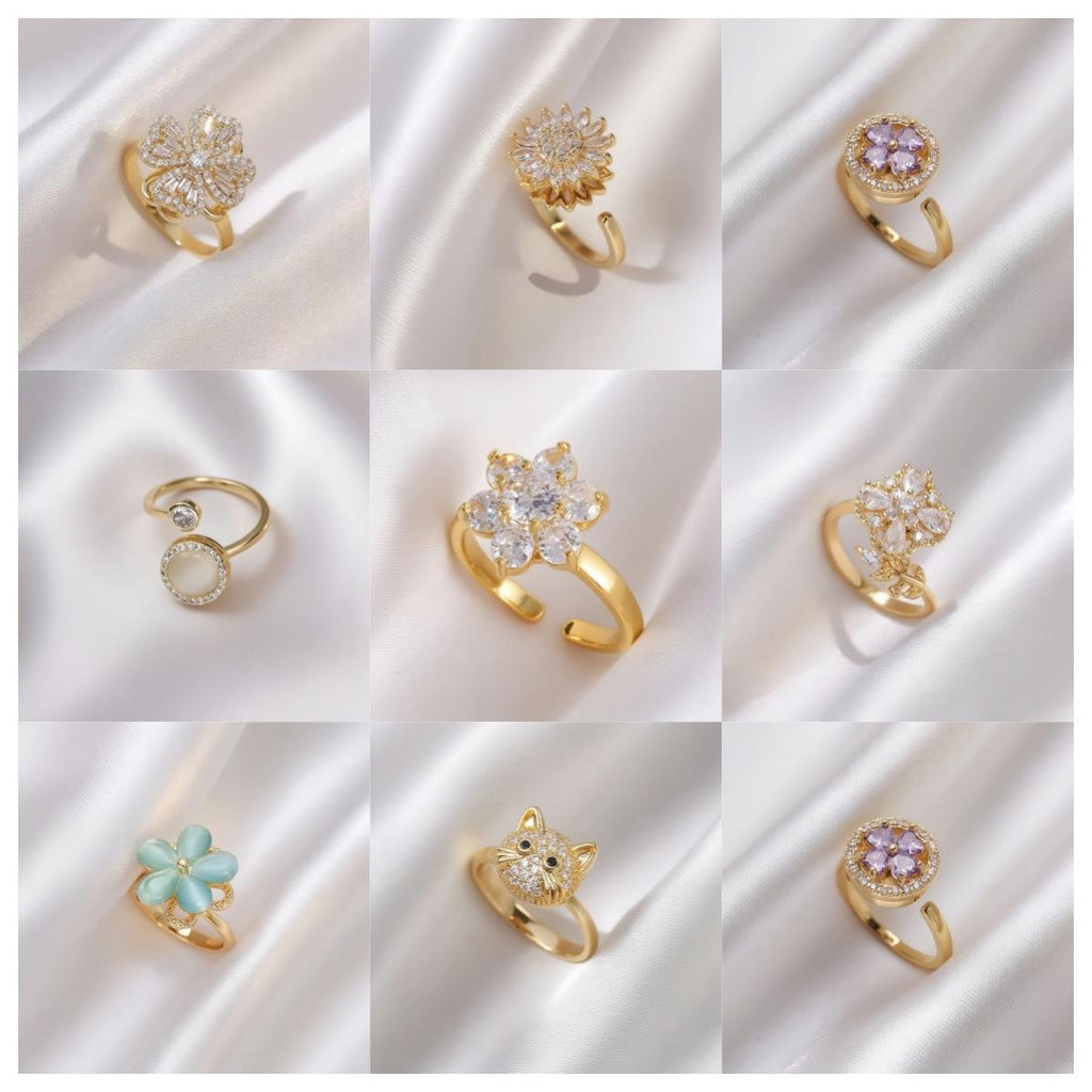 Cross-Border Hot Sale Copper Inlaid Zircon Rotating Clover Ring Female Fashion Temperament All-Match Full Diamond Sunflower Open Ring