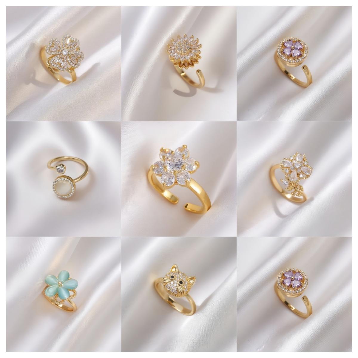 Cross-Border Hot Sale Copper Inlaid Zircon Rotating Clover Ring Female Fashion Temperament All-Match Full Diamond Sunflower Open Ring