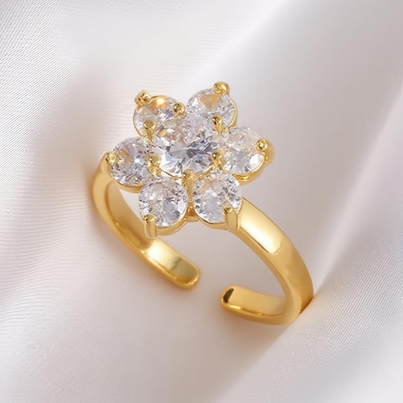 Cross-Border Hot Sale Copper Inlaid Zircon Rotating Clover Ring Female Fashion Temperament All-Match Full Diamond Sunflower Open Ring