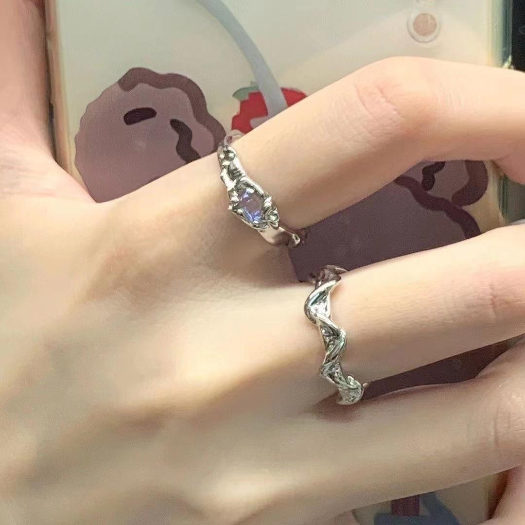 Moonstone Irregular Ring Wave Geometric Ring Men and Women All-Match Open Adjustable Ring Light Luxury Gift